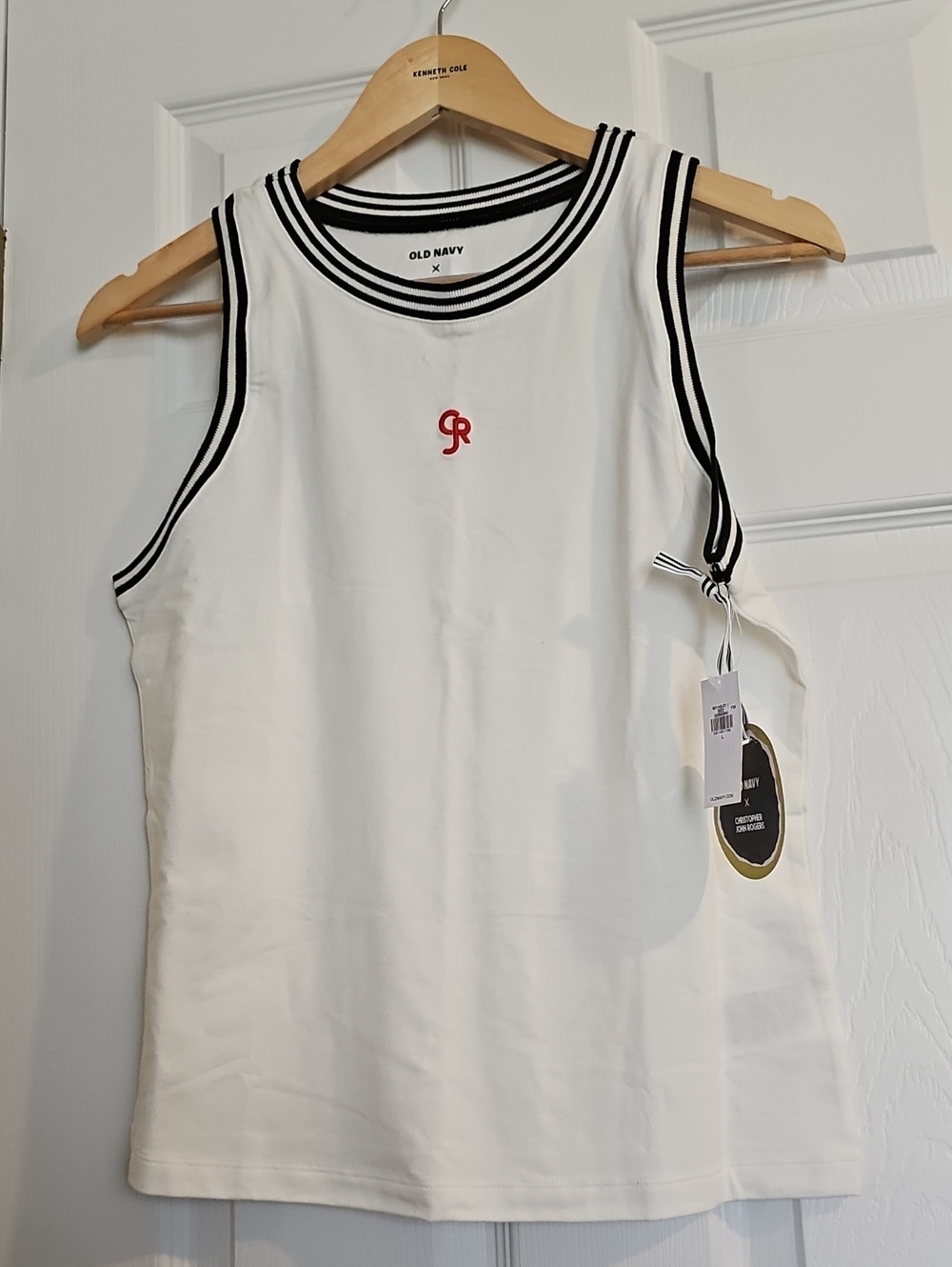 Christopher John Rogers White Tank with Black Trim and Red Logo